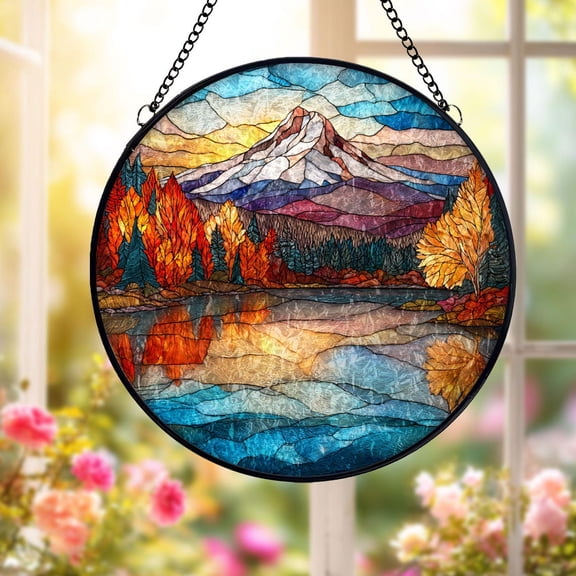 Autumn Mountain Lake Glass Suncatcher, Fall Forest Landscape Art, Rustic Nature Home, 3.5 in