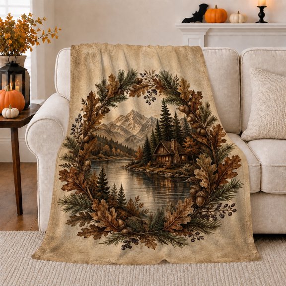Autumn Mountain Lake Lodge Scenic, Peaceful Mountain Lake Scene, Warm Flannel Blanket for Cabin and Lodge with Detailed Artwork, Outdoor Lovers Thanksgiving Gift, Rustic Home Decor