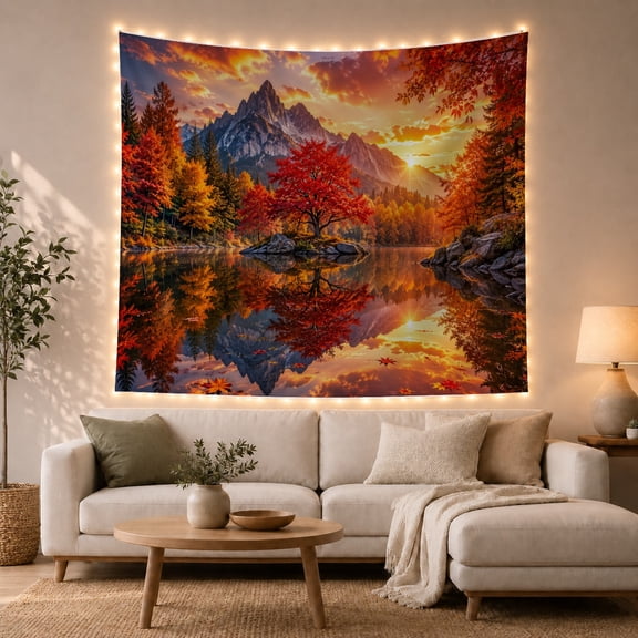Autumn Mountain Lake at Sunset with Red Trees, Serene Watercolor for Nature Lovers, Scenic Forest Art Thanksgiving Gift, Tapestry Wall Hanging for Living Room and Bedroom