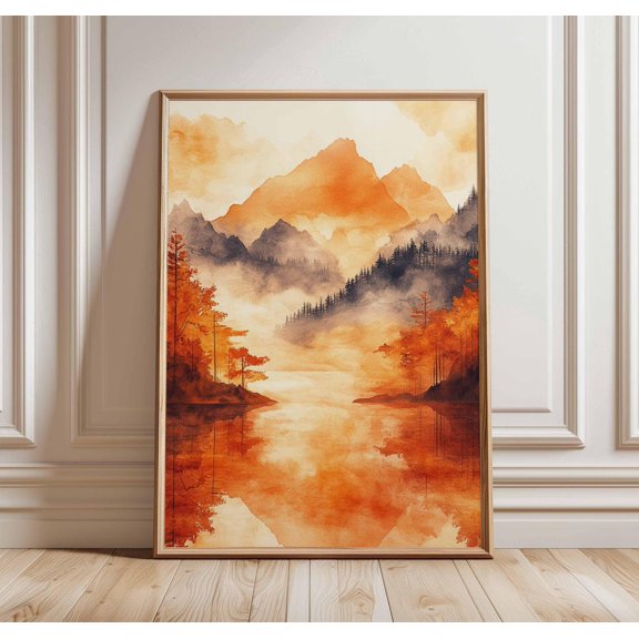 Autumn Mountain Landscape Poster Orange Art Nature Decor Misty Decor, Unframed Canvas