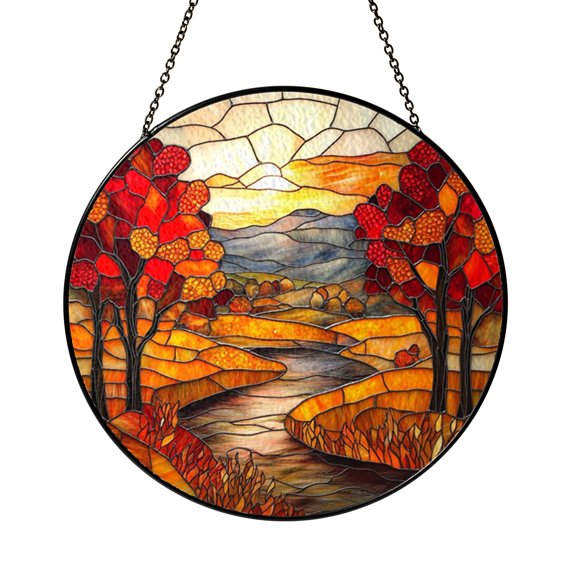 Autumn Mountain Landscape Round Art Decor, Fall Trees River Scene Inspired Nature Design