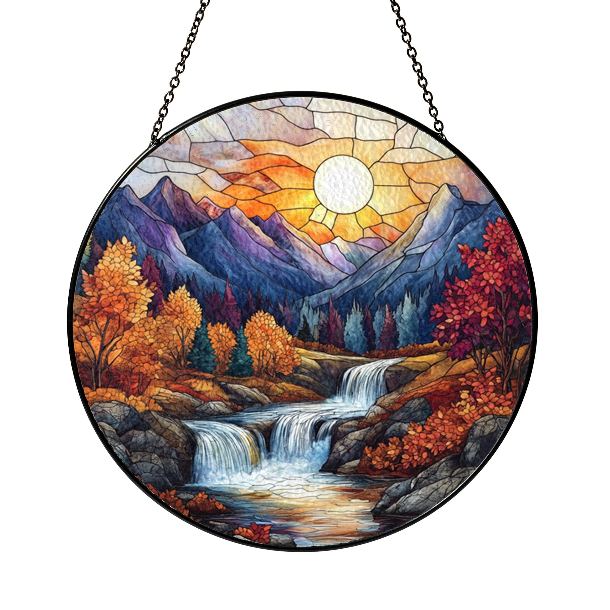 Autumn Mountain Ornament, River Scene Glass Window Hanging Gift for ...