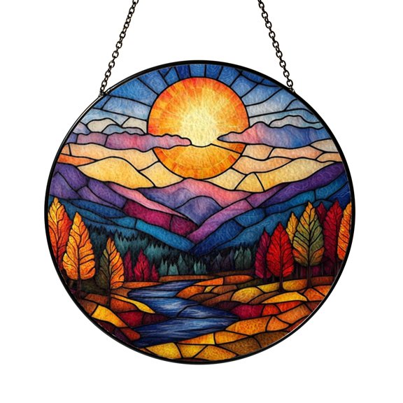 Autumn Mountain River Glass Window Hanging Decor, Colorful Forest Landscape Art, Decorative Light Catching Glass Accent for Home Window Display