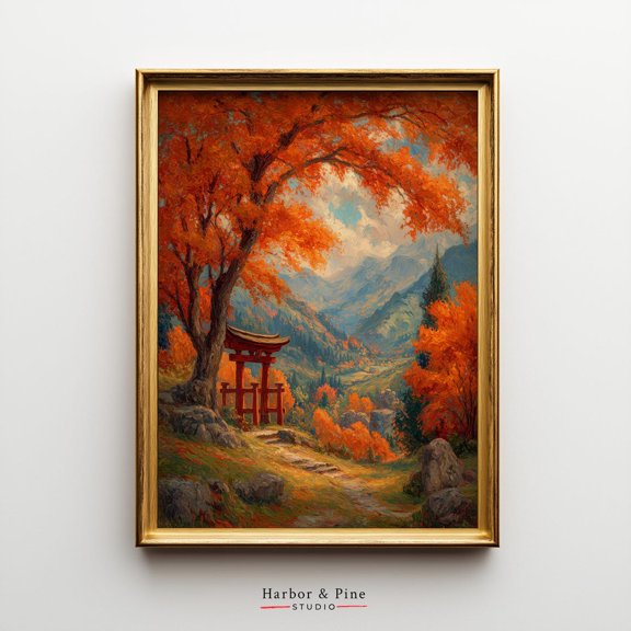 Autumn Mountain Shrine Wall Art Rustic Fall Landscape Unframed Paper Print