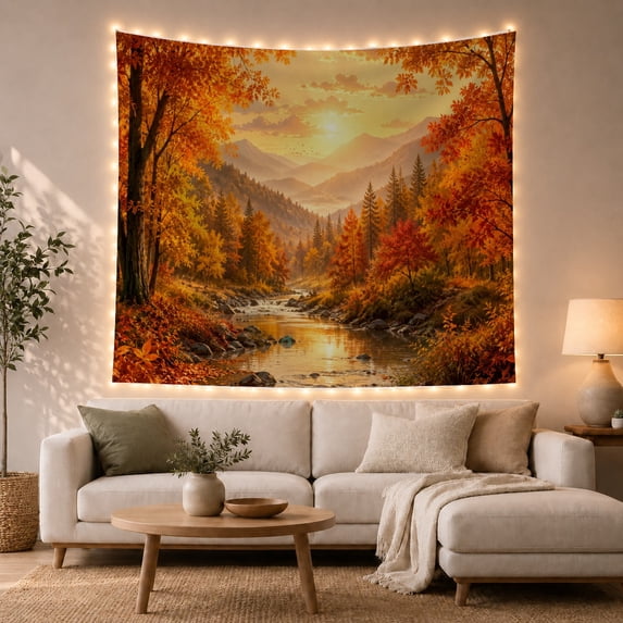 Autumn Mountain Stream Under Golden Sky, Serene Vintage Style for Nature Lovers, Nature Wall Art, Thanksgiving Hostess Gift, Tapestry Wall Hanging for Bedroom and Living Room