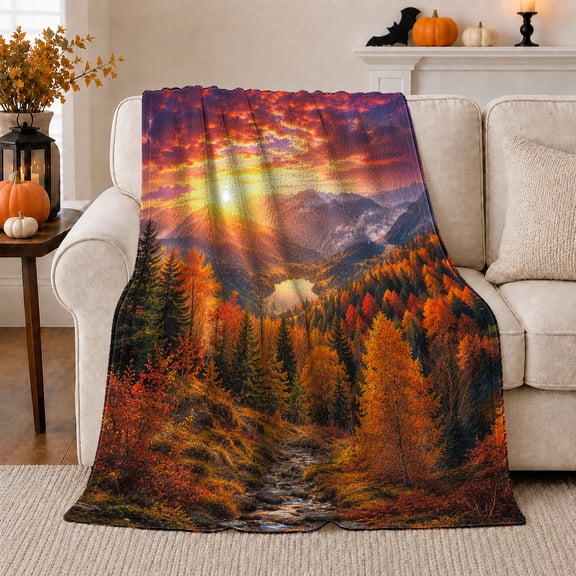 Autumn Mountain Valley with Golden Sunset and Forest Trail, Scenic Landscape Art for Nature Lovers, Birthday Gift, Soft Flannel Blanket for Cabin and Bedroom, Warm Home Decor