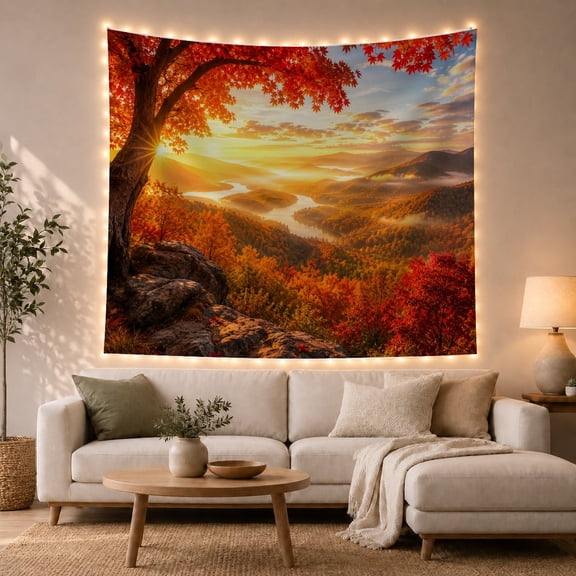 Autumn Mountain Valley with Maple Tree at Sunset, Nostalgic Boho for Nature Lovers, Panoramic Landscape Wall Art, Housewarming Gift Tapestry Wall Hanging for Living Room and Bedroom