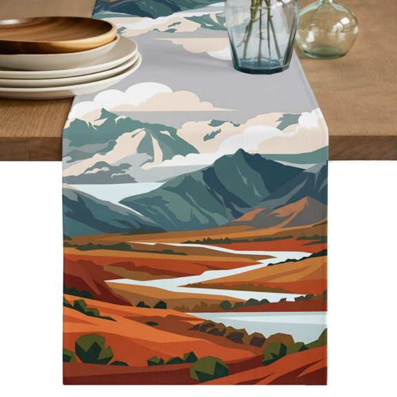 Autumn Mountains Table Runner, Rustic Western Farmhouse Green Brown Landscape River Hills Cotton Linen Table Cloth, Tablerunner for Kitchen Dining Party Wedding Home Decor 13x36 Inch