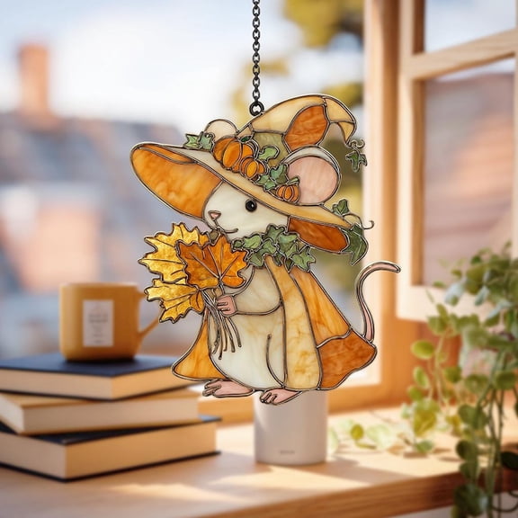 Autumn Mouse In Pumpkin Hat Faux Stained Glass Acrylic Suncatcher - Cute Window Hanging - Fall Decor Gift For Animal Lovers