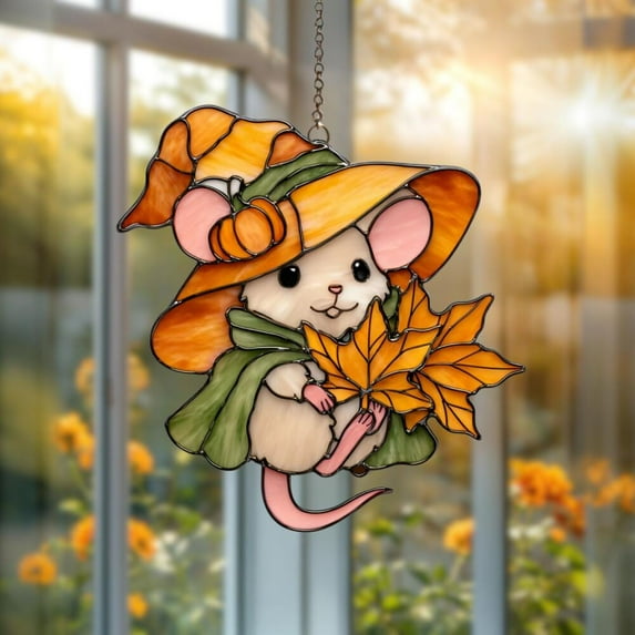 Autumn Mouse Maple Leaf Suncatcher: Acrylic Window Hanging