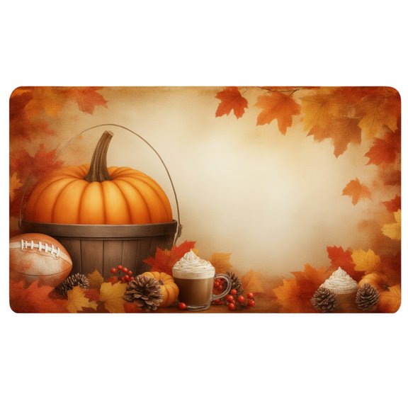 Autumn Mouse Pad,A basket of pumpkins,a football,a cup of coffee,and a football on a table,14" x 24",Cloth Mouse Pad,Computer Pads for a Desk