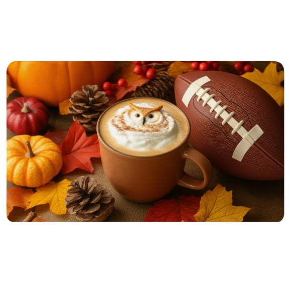 Autumn Mouse Pad,A cup of coffee with an owl on top of it next to a football,24x14 Inch,Cloth Desk Mat,Dorm Desk Pad
