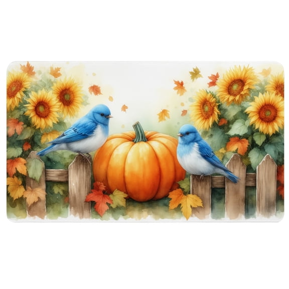 Autumn Mouse Pad,A painting of two blue birds sitting on a fence next to a pumpkin,Large Desk Mousepad,Mouse Pad Non Slip,Computer Desk Pads