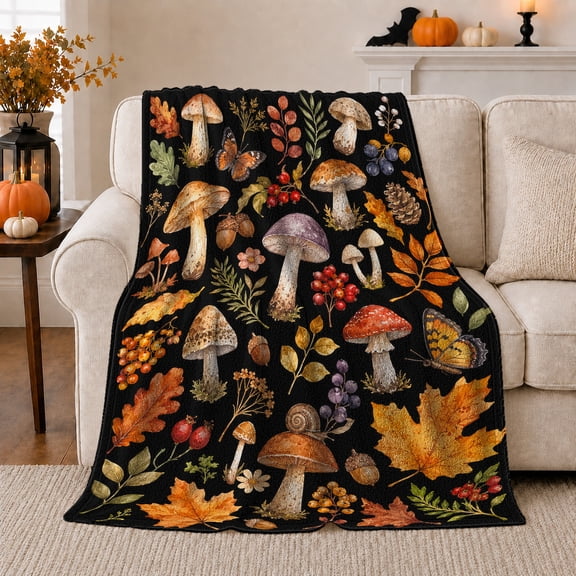 Autumn Mushroom Foliage Collage Scene, Rustic Botanical Illustration Style for Nature Lovers, Snail Berry Mushroom Theme and Thanksgiving Gift, Warm Flannel Blanket, Home Decor
