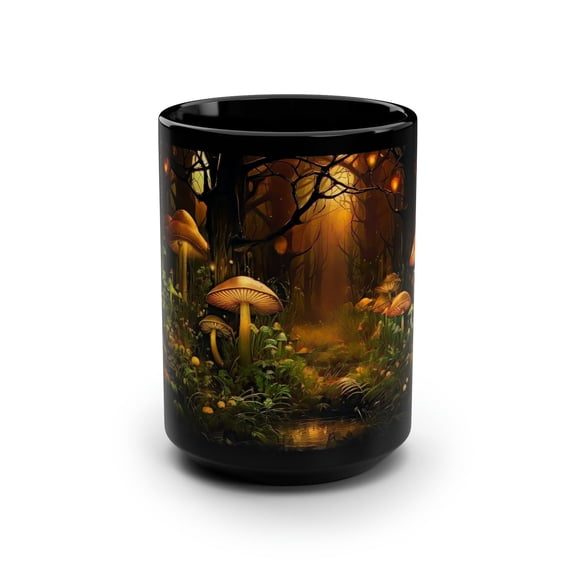 Autumn Mushroom Forest Mug: Black Ceramic Coffee Cup, Enchanted Woods