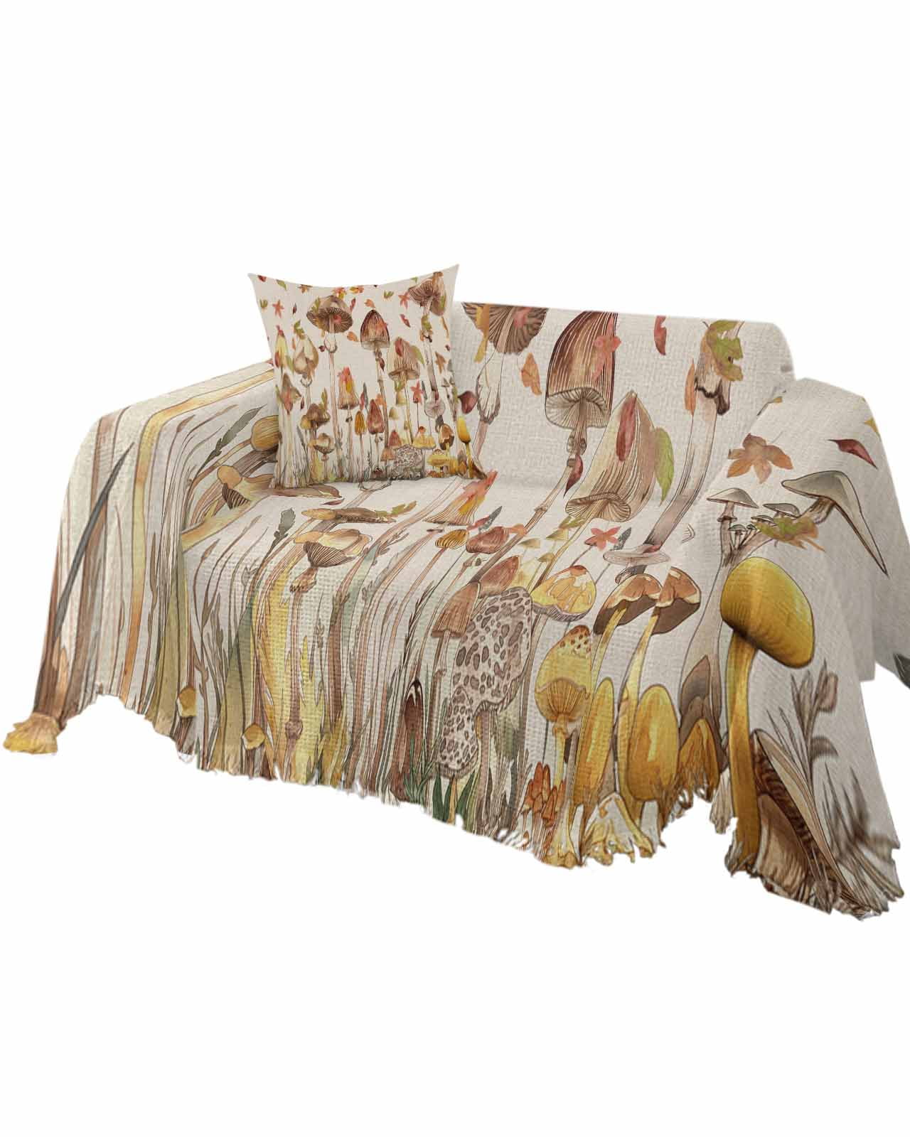 Autumn Mushroom Sofa Couch Covers for Dog,Washable Sofa Throw Cover Single Slipcovers for Armchair with Tassels,Fall Country Maple Leaves Beige Couch Protector Towel Blanket Medium 71''x91''