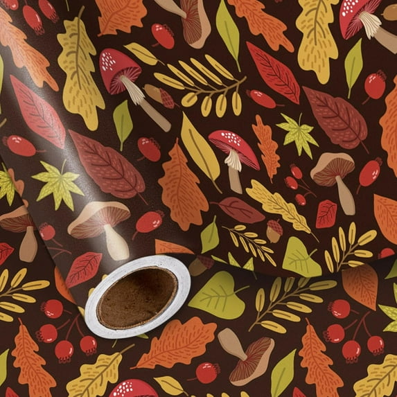 Autumn Mushroom Wrapping Paper Roll, Orange Falling Leaves, Mushrooms on Black Background Design for Fall, Autumn, Thanksgiving Gift Wrap, DIY Craft, Mini Roll, 17 inches x 16.4 Feet