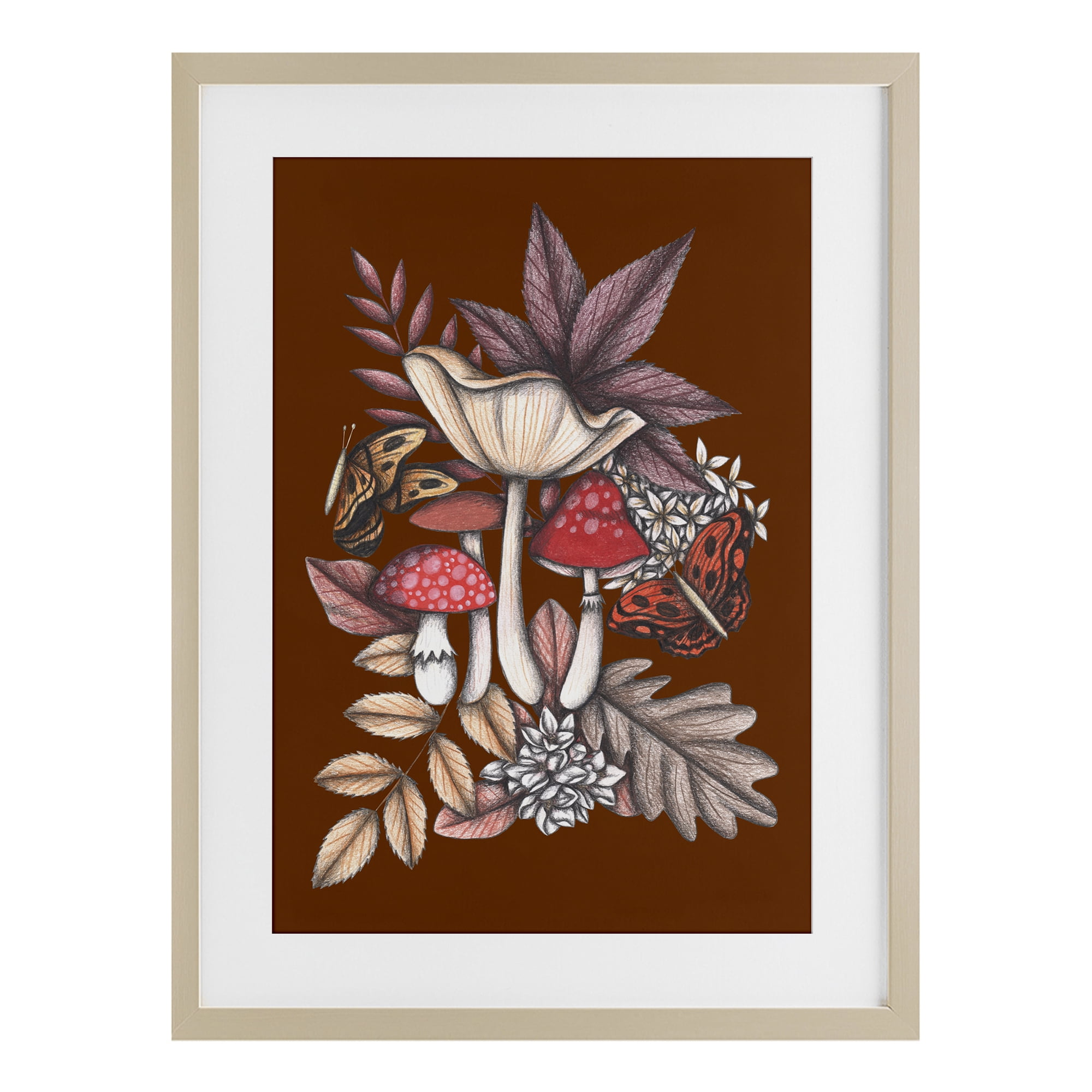 Autumn Mushrooms Magic Birch Framed Print Under Glass, design by Cecilia Battaini
