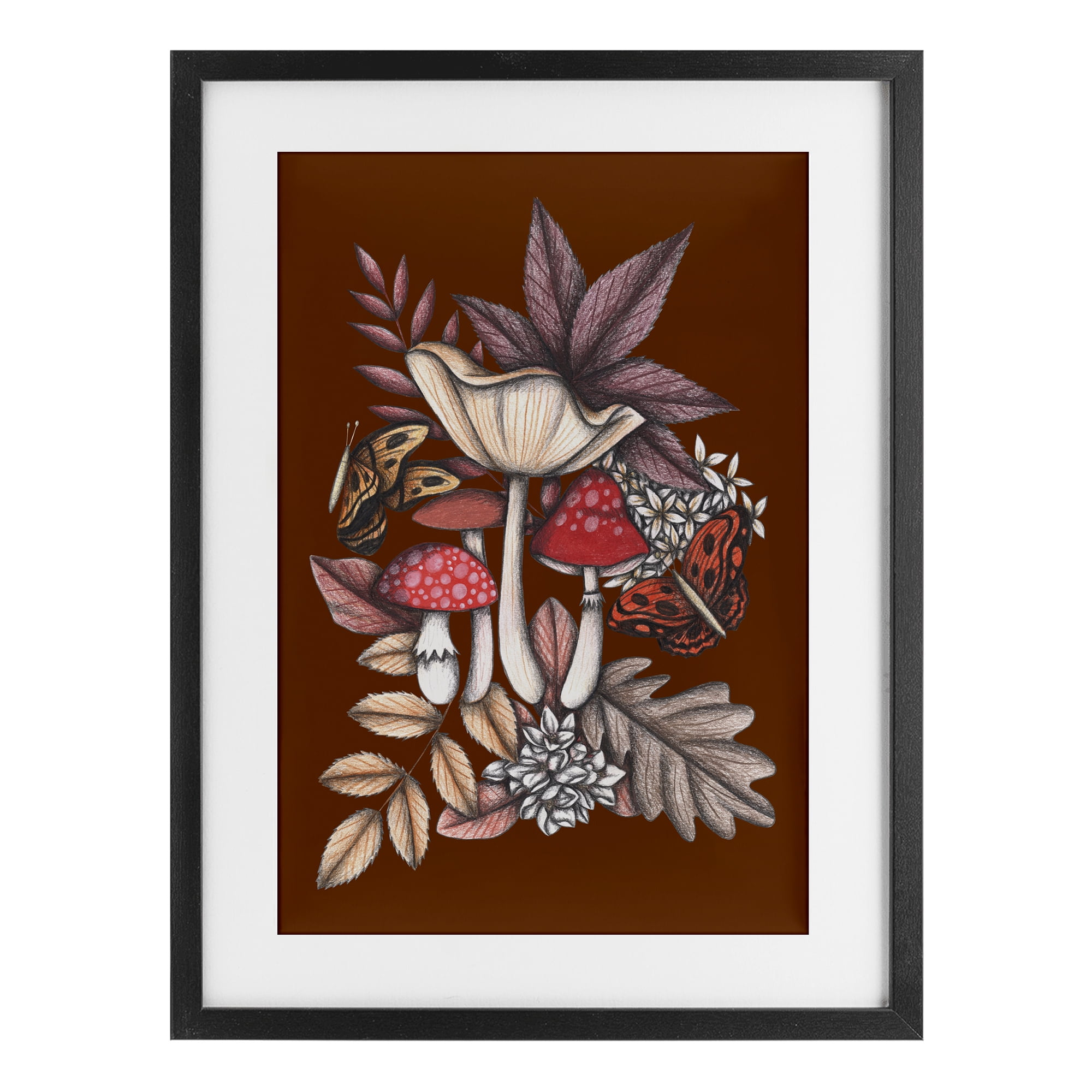 Autumn Mushrooms Magic Black Framed Print Under Glass, design by Cecilia Battaini