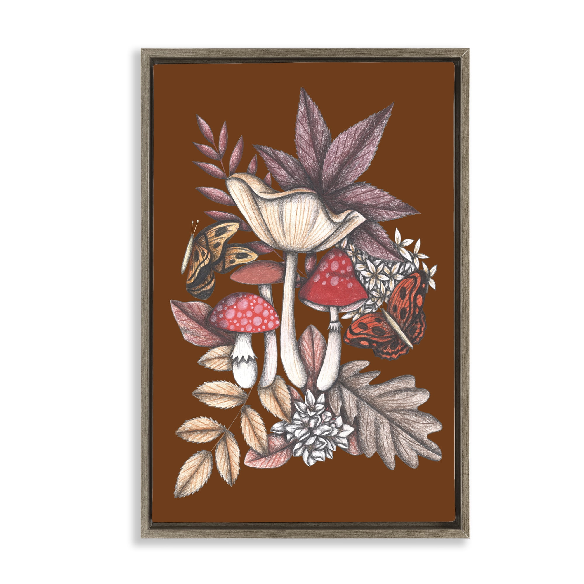 Autumn Mushrooms Magic Brown Framed Floater Canvas Wall Art, design by Cecilia Battaini