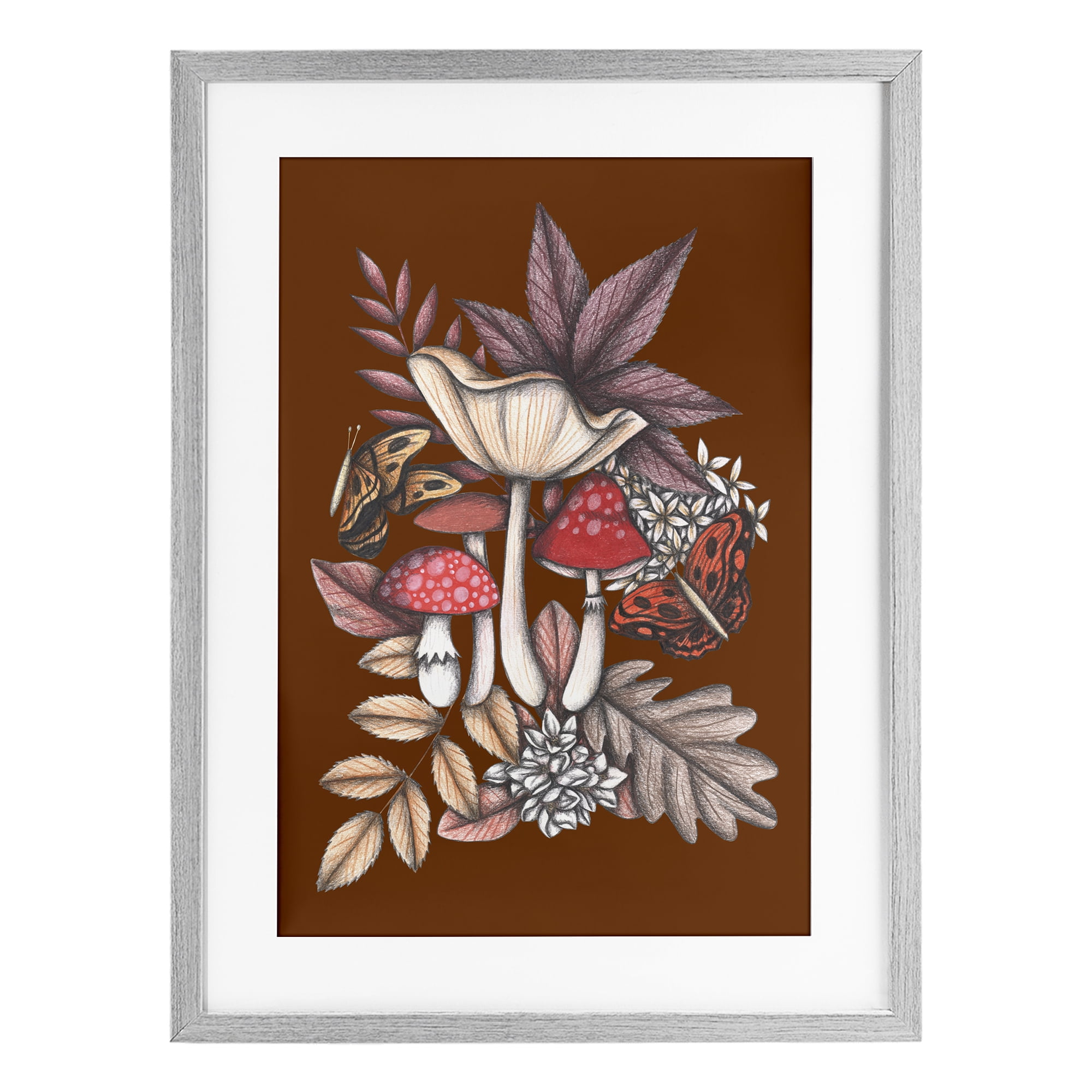 Autumn Mushrooms Magic Gray Framed Print Under Glass, design by Cecilia Battaini