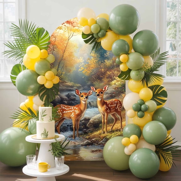 Autumn Nature Arch Backdrop Cover, 7.2FT, Scenery Forest Deer River Tree Rock Spandex Arch Covers Double-Sided Backdrop for Wedding Birthday Party Photo Background Decoration