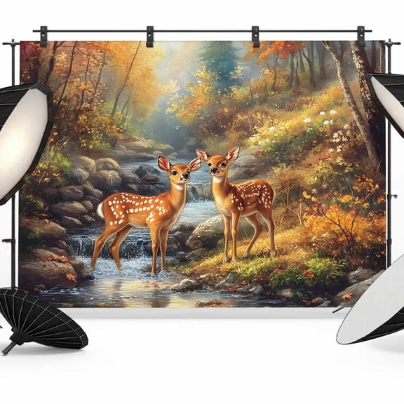 Autumn Nature Backdrop for Photography, Scenery Forest Deer River Tree Rock Photo Backdrop Portrait Background Party Banner Photo Backgrounds for Studio Booth Props, 12x8ft