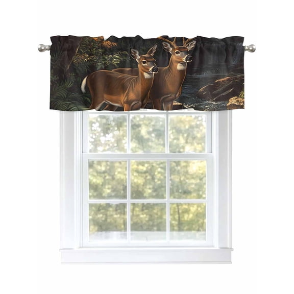 Autumn Nature Deer River Valances for Windows, Rod Pocket Kitchen Valance Curtains - Soft & Washable Small Window Treatment for Living Room,&nbsp;Bathroom, Fall Forest , 42x12 Inch, 1 Panel