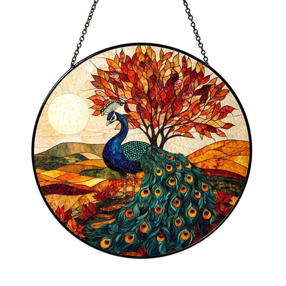 Autumn Nature Leaves Stained Glass Window Hanging Decor, Cozy Seasonal Art Panel for Living Room Bedroom Home