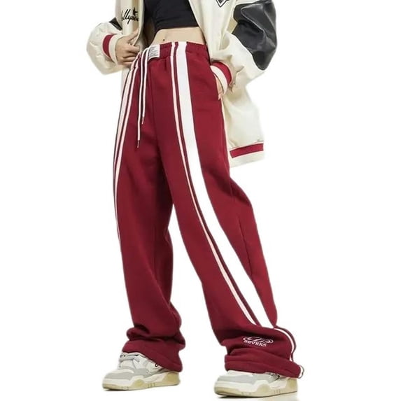 Autumn New Fashion Harajuku Women's Side Striped Wide Leg Pants Women's Red Casual Street Embroidered Women's Pants-2-XXL
