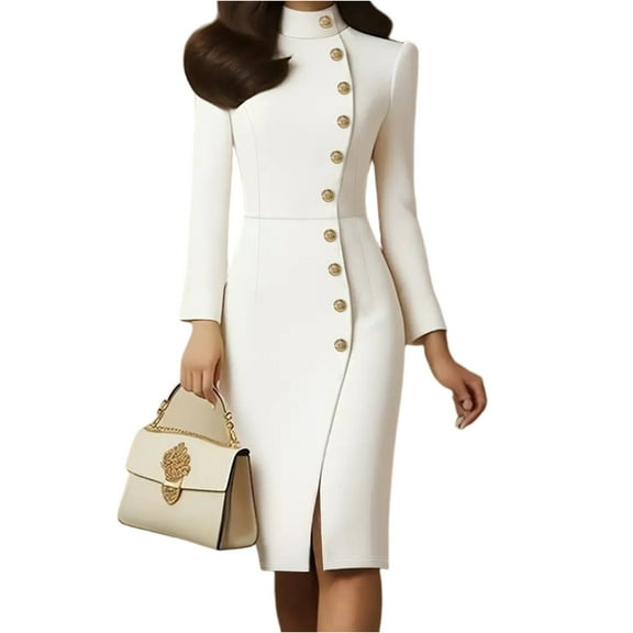 Autumn New Long Sleeve Stand Collar Slim Fit Metal Buttons Slit Dress Women White Black Temperament Commute Style
