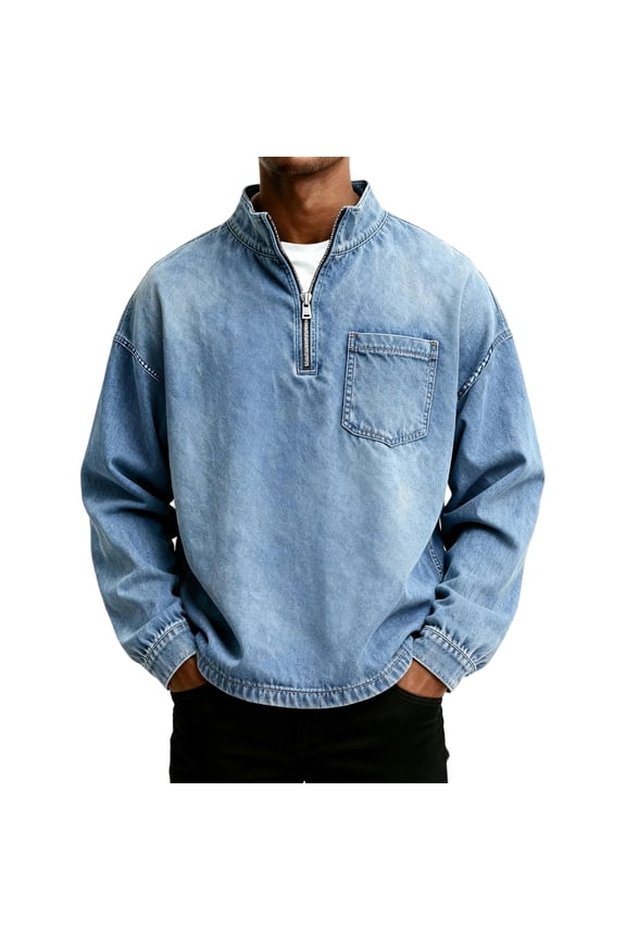 Autumn New Mens Pullovers Sweatshirts Zipper Stand Solid Top Heavyweight Distressed Washed Denim Casual Hoodie For Men Clothing
