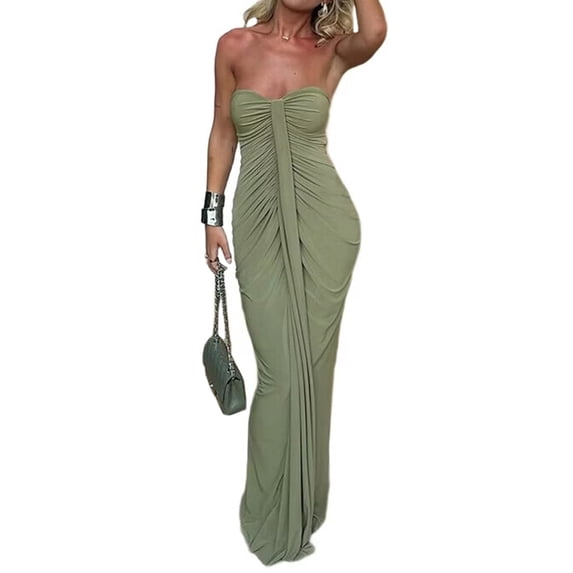 Autumn New Women'S Pleated Green Design Temperament Slim Fit Solid Color Strapless Dress S