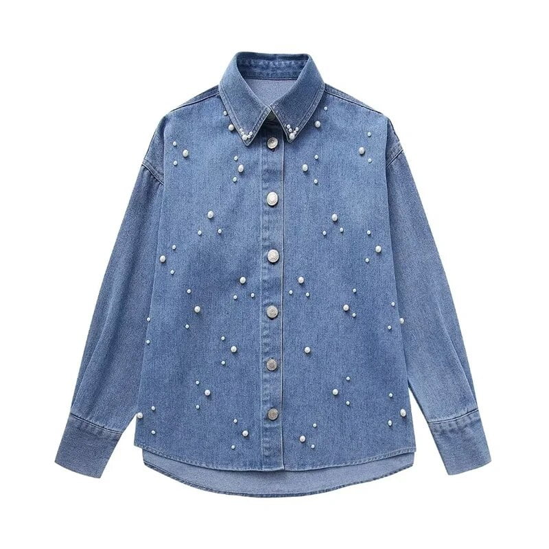 Autumn New Women's Pearl Embellished Denim Shirt French Style
