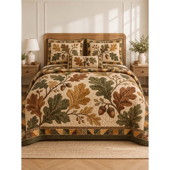Autumn Oak & Acorn Harvest Quilted 3-Piece Bedding Set - Walmart.com