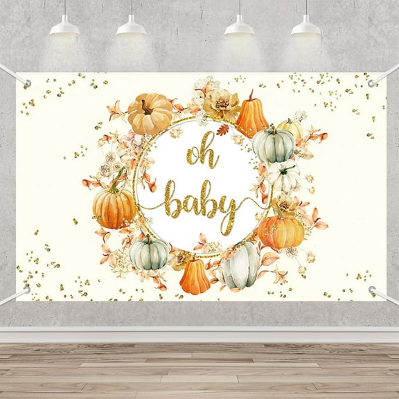 Autumn Oh Baby Banner Fall Baby Shower Decorations Maple Leaves Pumpkin Background Gold Glitter Dots Blush Photobooth Props Thanksgiving Kids Party Decorations Cake Table Supplies 5.9x3.6ft