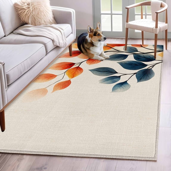 Autumn Orange Blue Leaf Area Rugs 4x6 ft Country Watercolor Plant Tree Leaf Linen Washable Rug Non Slip Indoor Carpet Absorbent Floor Mat for Living Room Bedroom Dining Room