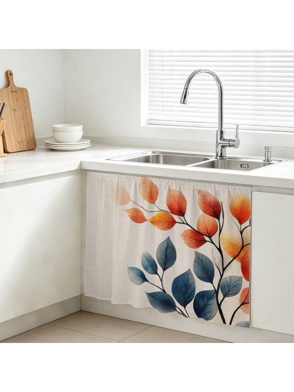 Autumn Orange Blue Leaf Cabinet Curtain, Country Watercolor Plant Tree Leaf Linen Sink Skirt for Bathroom, Under Sink shelf Curtain Privacy Drape for Kitchen Laundry Room 10x11in