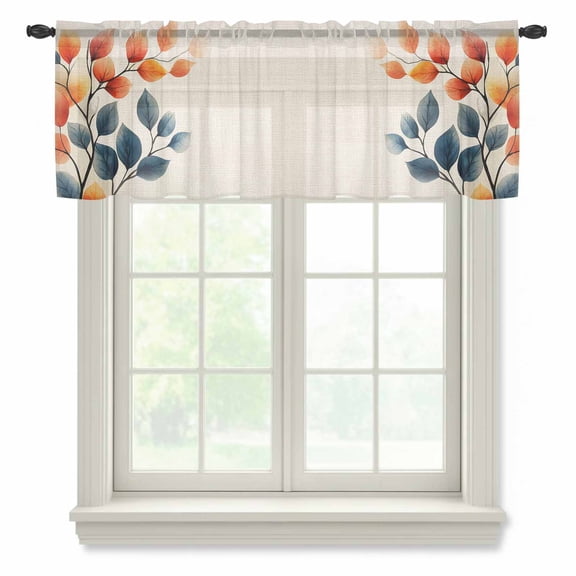 Autumn Orange Blue Leaf Semi Sheer Valance Curtains Country Watercolor Plant Tree Leaf Linen Voile Valances Curtain Rod Pocket Small Window Treatment for Kitchen Bathroom Cafe 42"x12"