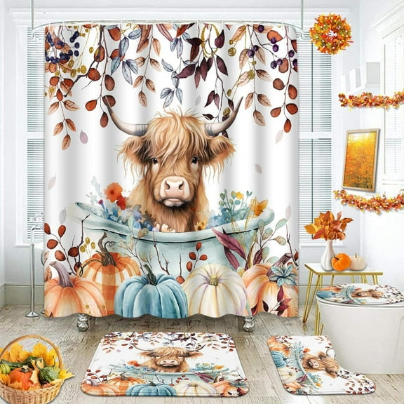 Autumn Orange Fallen Maple Leaves Bathroom Set with Shower Curtain sets and Rugs Accessory, Fall Wood Fall Shower Curtain for Bathroom Decor 4 Pcs