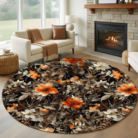 Autumn Orange Floral Round Rug 6ft Washable Circle Kitchen Rugs Non ...