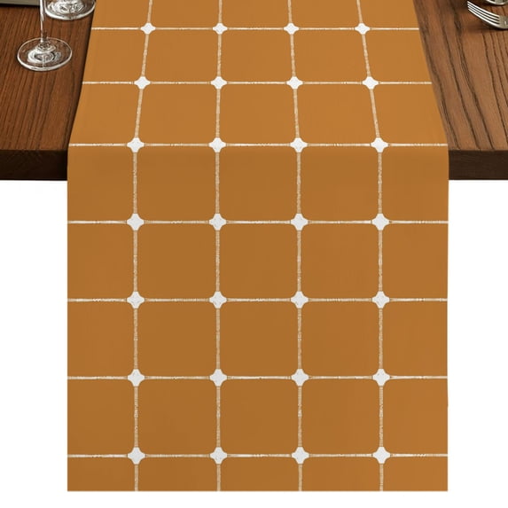 Autumn Orange Gingham Burlap Cotton Table Runner 13x70 Inches Long, Modern Minimalist Geometric Plaid Farmhouse Table Runners, Outdoor Dining Table Decor for Baby Shower/Party/Wedding
