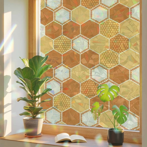 Autumn Orange Grid Hexagon Window Privacy Film, Rainbow Film Decorative Window Sticker 17.7x39.3in, Color Block Sun Blocking Static Stained Glass Cling Tint Non-Adhesive