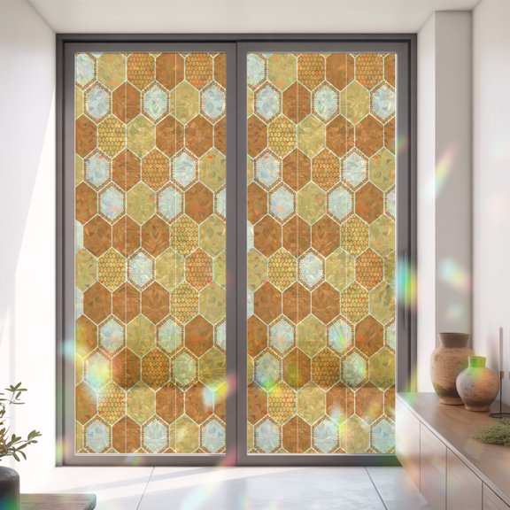 Autumn Orange Grid Hexagon Window Privacy Film, Rainbow Film Decorative Window Sticker 35.4x78.7in, Color Block Sun Blocking Static Stained Glass Cling Tint Non-Adhesive