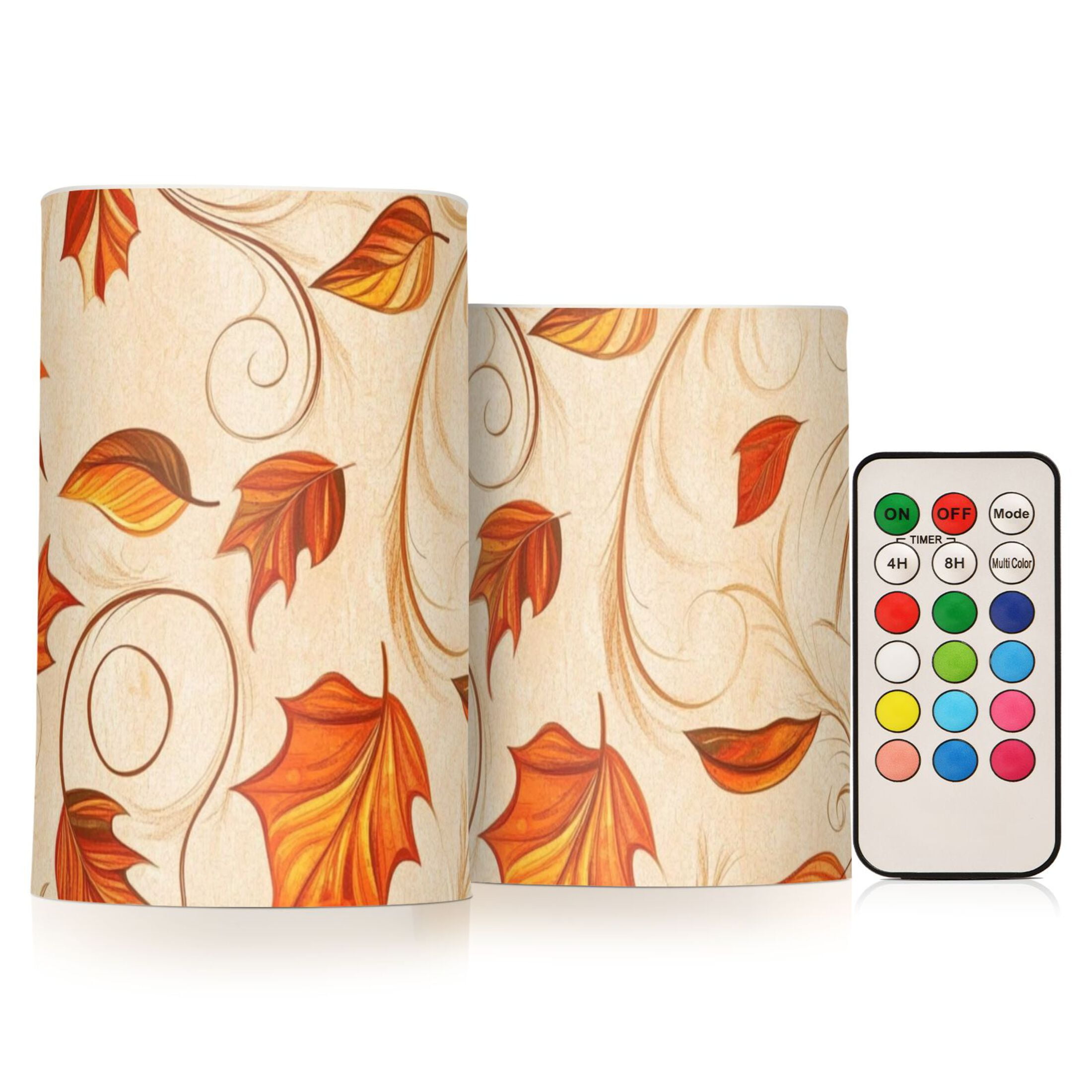 Autumn Orange Leaves Flickering Flameless Candles Battery Operated with Remote Timer LED Pillar Candles Set of 2