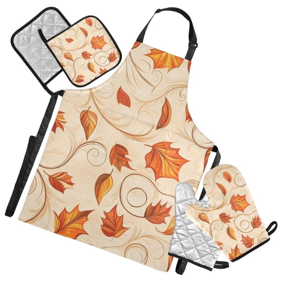 Autumn Orange Leaves Oven Mitts and Pot Holders with Chef Apron Set 5 Pcs Kitchen Cooking Set