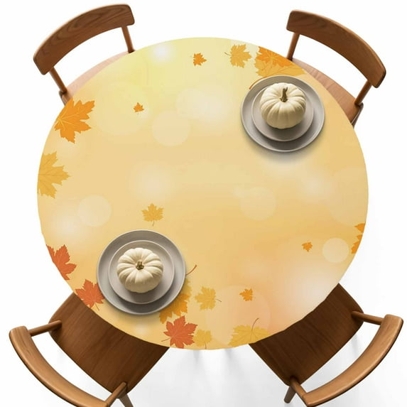 Autumn Orange Maple Leaf Thanksgiving Fitted Round Tablecloths Table Covers 55"-60",Waterproof Table Cloth for Kitchen Holiday Party Tables Decor