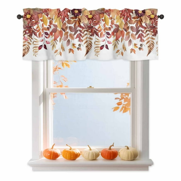 Autumn Orange Maple Leaves Curtain Valances,Fallen Leaves on White Small Window Treatment for Kitchen Living Room Bathroom,42" x 18"
