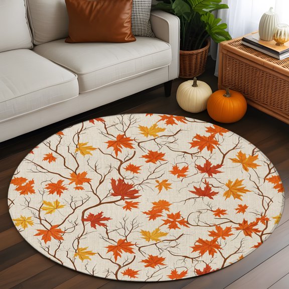 Autumn Orange Maple Leaves Round Area Rug 3ft,Living Room Rug Non-Slip Washable Circle Rugs Pad,Thanksgiving Leaf Burlap Soft Floor Carpet for Bedroom Dining Room