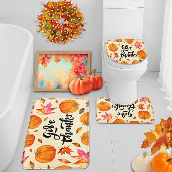 Autumn Orange Pumpkin Bathroom Rug Set of 3, Fall Thanksgiving Leaves 3 Pieces Bath Mats Set, No Silp Washable Cover Floor Rug Decorations for Kitchen Bathroom